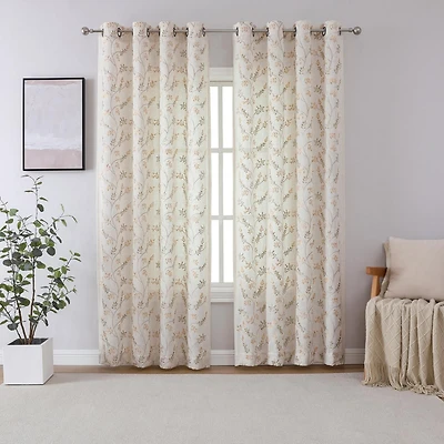 Kate Aurora 1 Piece Vanessa Floral Embroidered Linen Blend Semi Sheer Grommet Window Curtain Panel