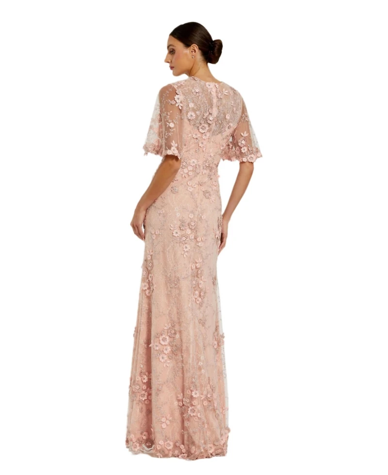 Mac Duggal Women's Flutter Sleeve Floral Embroidered Net Gown
