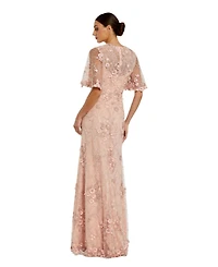 Mac Duggal Women's Flutter Sleeve Floral Embroidered Net Gown