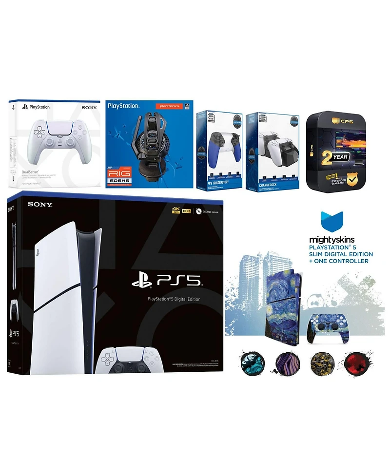 Sony Playstation 5 Slim Digital with Extra Volcanic Red Controller, Plantronics Headset, Trigger Stop Kit, Charge Dock and MightySkins Decal Voucher +