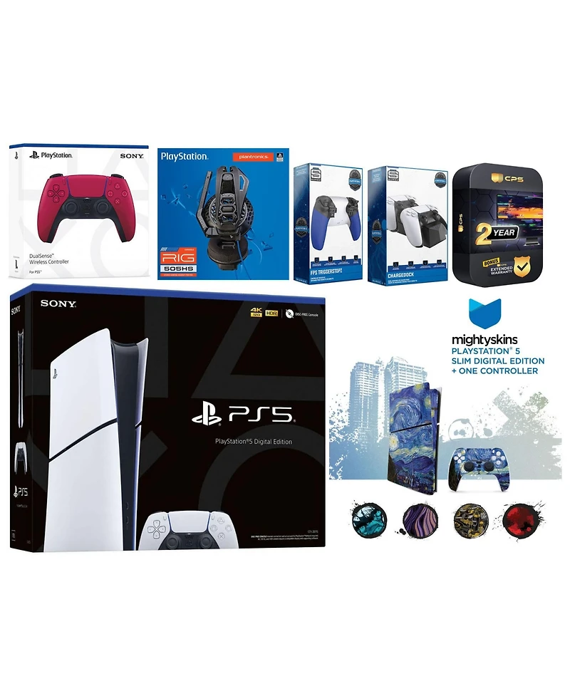 Sony Playstation 5 Slim Digital with Extra Volcanic Red Controller, Plantronics Headset, Trigger Stop Kit, Charge Dock and MightySkins Decal Voucher +