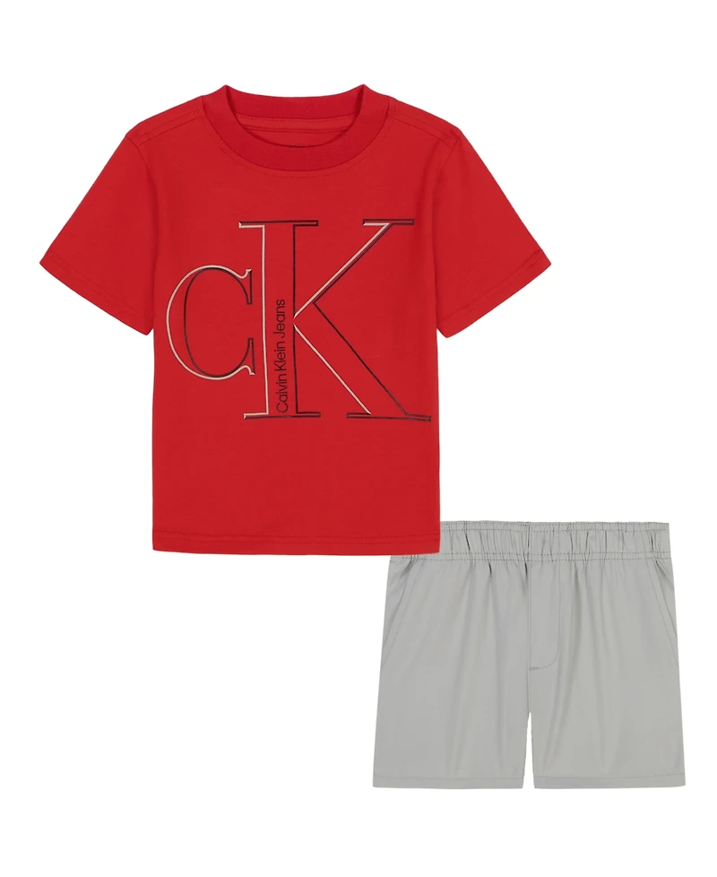 Calvin Klein Toddler and Little Boys 2-Piece Classic Logo T-Shirt Tech Woven Shorts Set