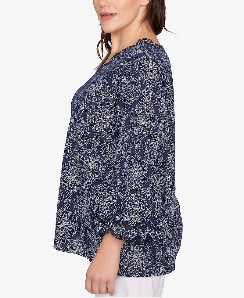 Ruby Rd. Plus Size Print Solid Burnout Top