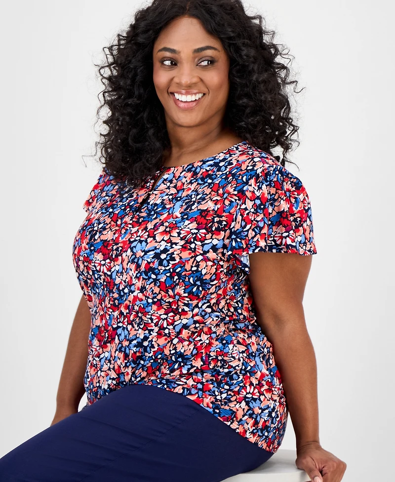 Jones New York Plus Printed Keyhole Top