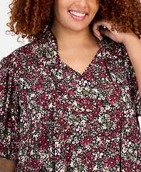 Jones New York Plus Printed Tie-Neck Short-Puff-Sleeve Blouse