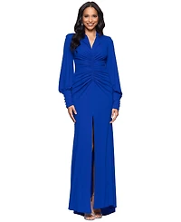 Betsy & Adam Petite Long-Sleeve Ruched Gown