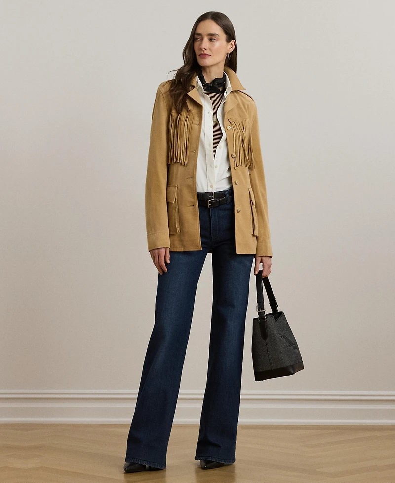 Lauren Ralph Women's Fringe-Trim Belted Goat-Suede Jacket
