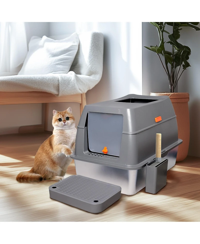 Bingopaw Stainless Steel Cat Litter Box With Lid, Scoop ,Filter Pedal