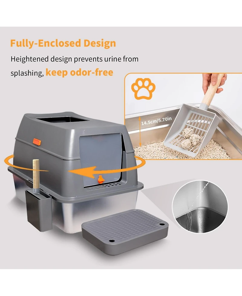 Bingopaw Stainless Steel Cat Litter Box With Lid, Scoop ,Filter Pedal