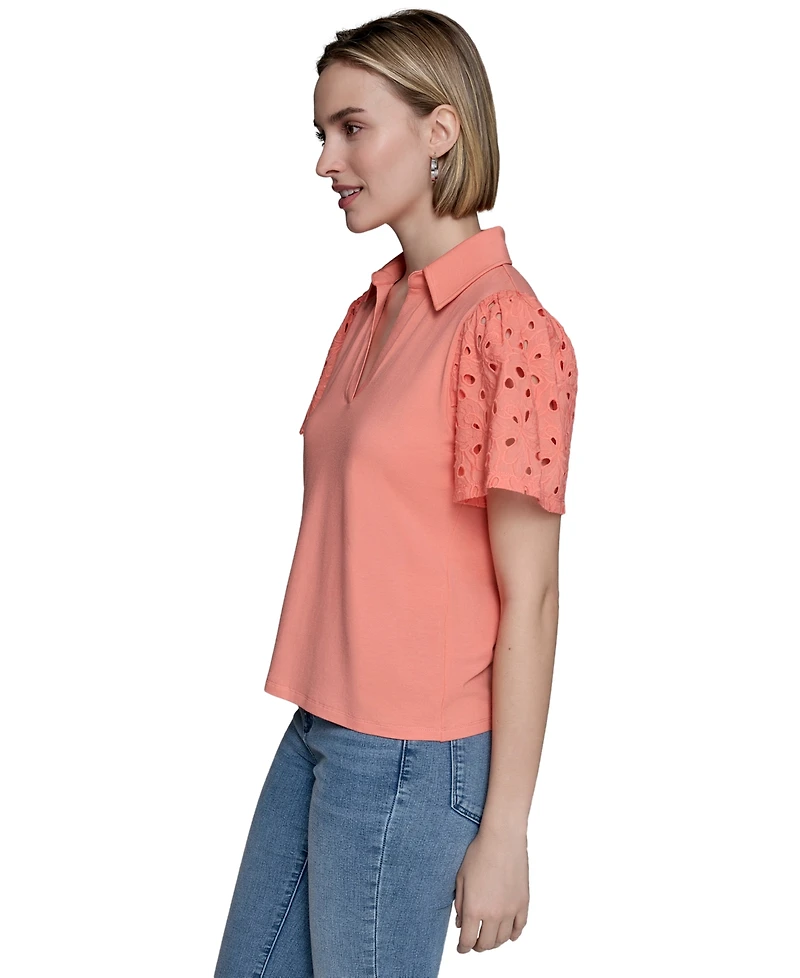 Karl Lagerfeld Paris Women's Mixed-Media Eyelet Knit Top