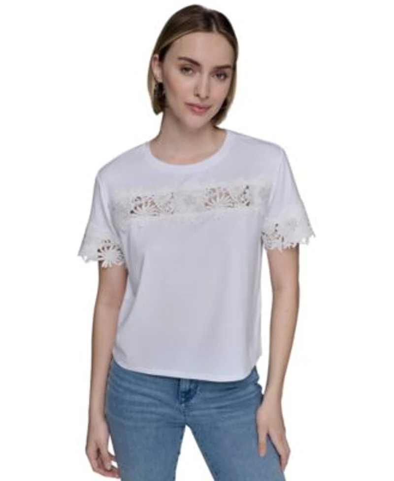 Karl Lagerfeld Paris Womens Lace Trim Knit Top P Xs Xl