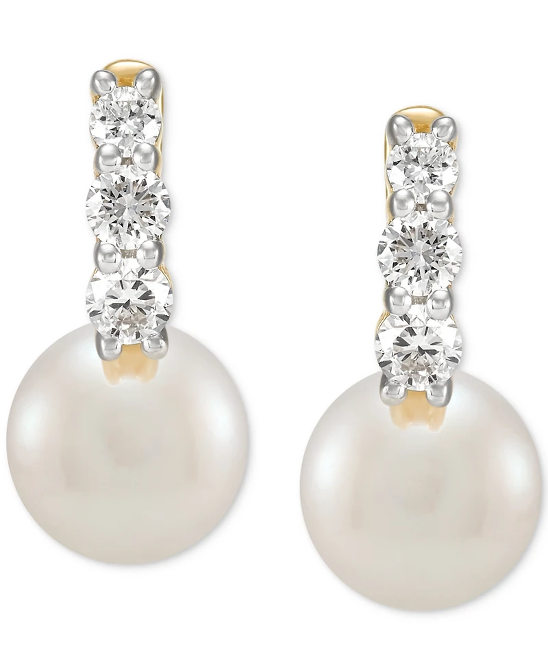 Grown With Love Cultured Freshwater Pearl (7-1/2mm) & Lab Grown Diamond (3/8 ct. t.w.) Small Hoop Earrings in 14k Gold