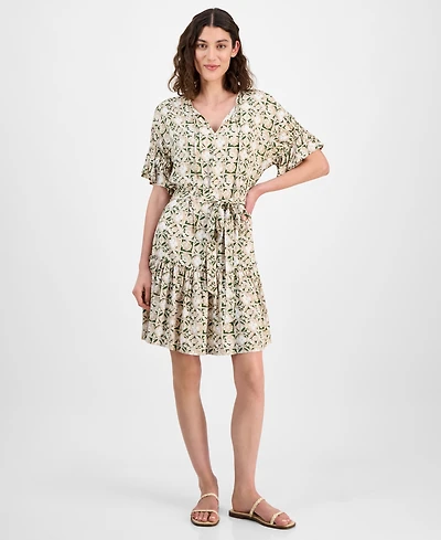 Nautica Jeans Women's Mila Printed Tie-Waist Ruffle-Cuff Dress