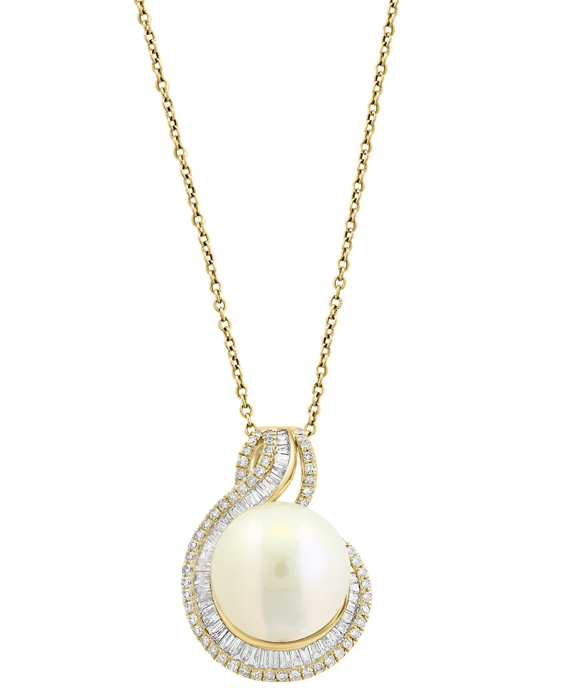 Effy Cultured Freshwater Pearl (12mm) & Diamond (1/2 ct. t.w.) Swirl Pendant Necklace in 14k Yellow Gold, 17" + 1" extender