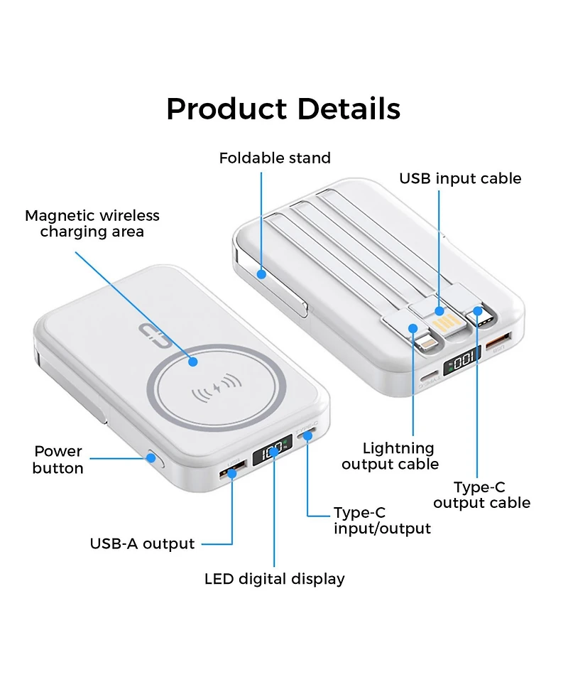 10000mAh Magnetic Power Bank w/ Stand- 3 Cables & Wireless Charging