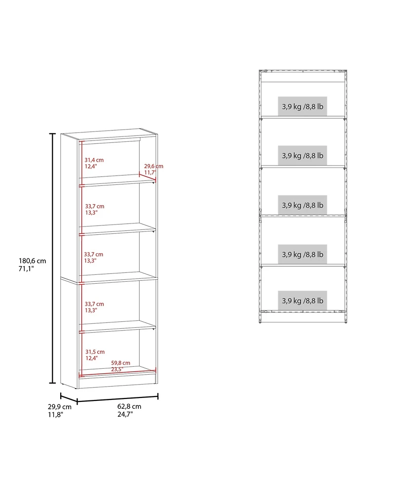 Dam Bookcase with Open Storage and 5 Shelves, Stained Walnut