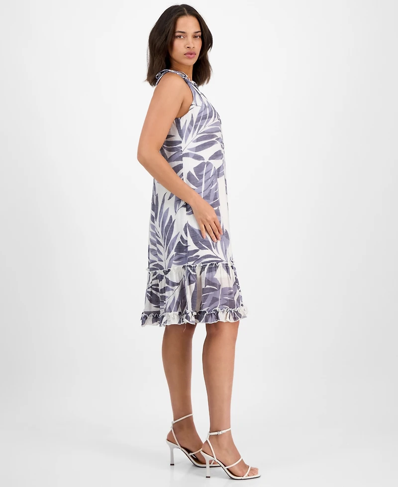 Robbie Bee Petite Printed Ruffle-Trim Sleeveless Shift Dress