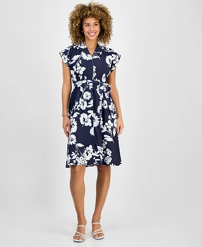 Sandra Darren Petite Cap-Sleeve Belted Shirtdress
