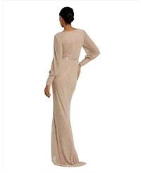 Mac Duggal Women's Wrap Over Bishop Sleeve Gown With Pearl Beading
