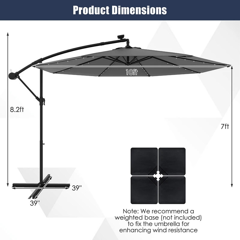 Gymax 10 Ft Solar Led 40 Lights Offset Umbrella Crank Cross Base Patio