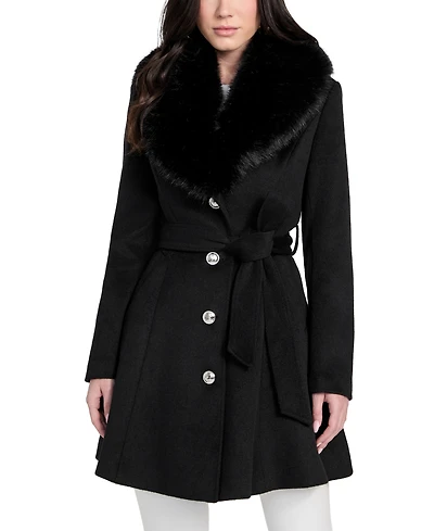 Guess Women's Belted Faux-Fur-Collar Button-Front Coat