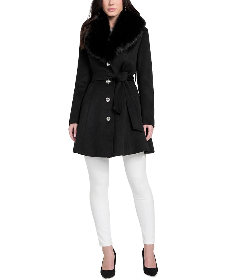 Guess Women's Belted Faux-Fur-Collar Button-Front Coat