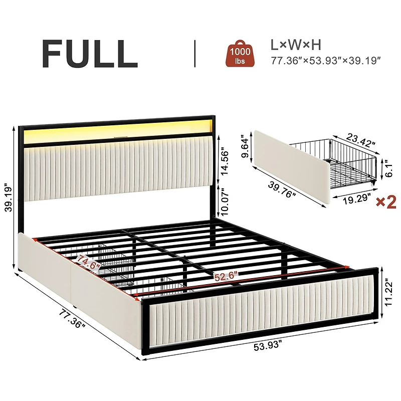 Hausource Full Size Velvet Upholstered Bed Frame with Led Headboard, 2 Drawers, Charging Station