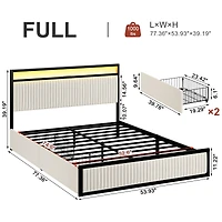 Hausource Full Size Velvet Upholstered Bed Frame with Led Headboard, 2 Drawers, Charging Station