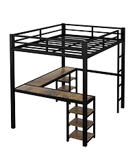 Full Metal Loft Bed with Desk and Shelves, Loft Bed with Ladder and Guardrails, Loft Bed Frame for Bedroom, Black