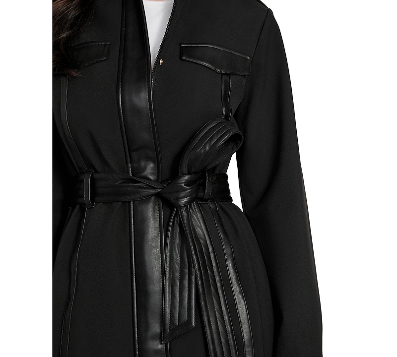 Guess Women's Faux-Leather-Trim Belted Trench Coat