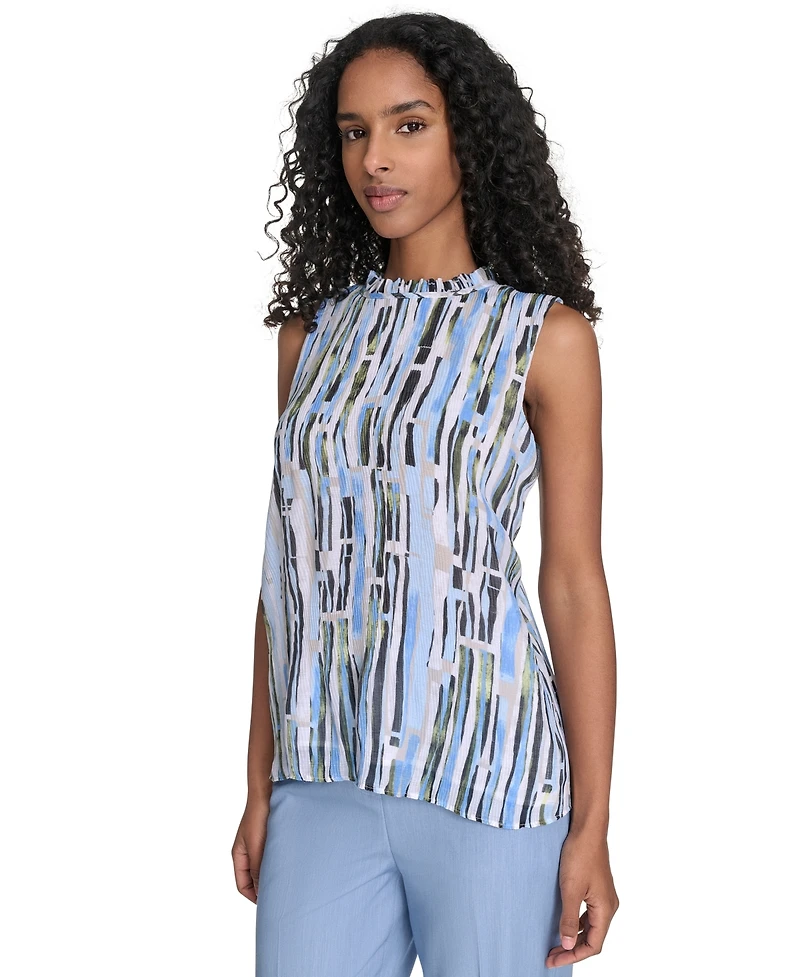 Calvin Klein Petite Striped Ruffle-Neck Top