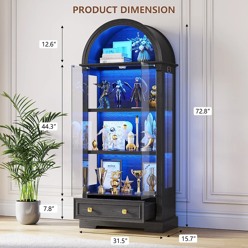 Vlsrka 4-tier shelves, motion sensor lights, 72" arched glass display cabinet.
