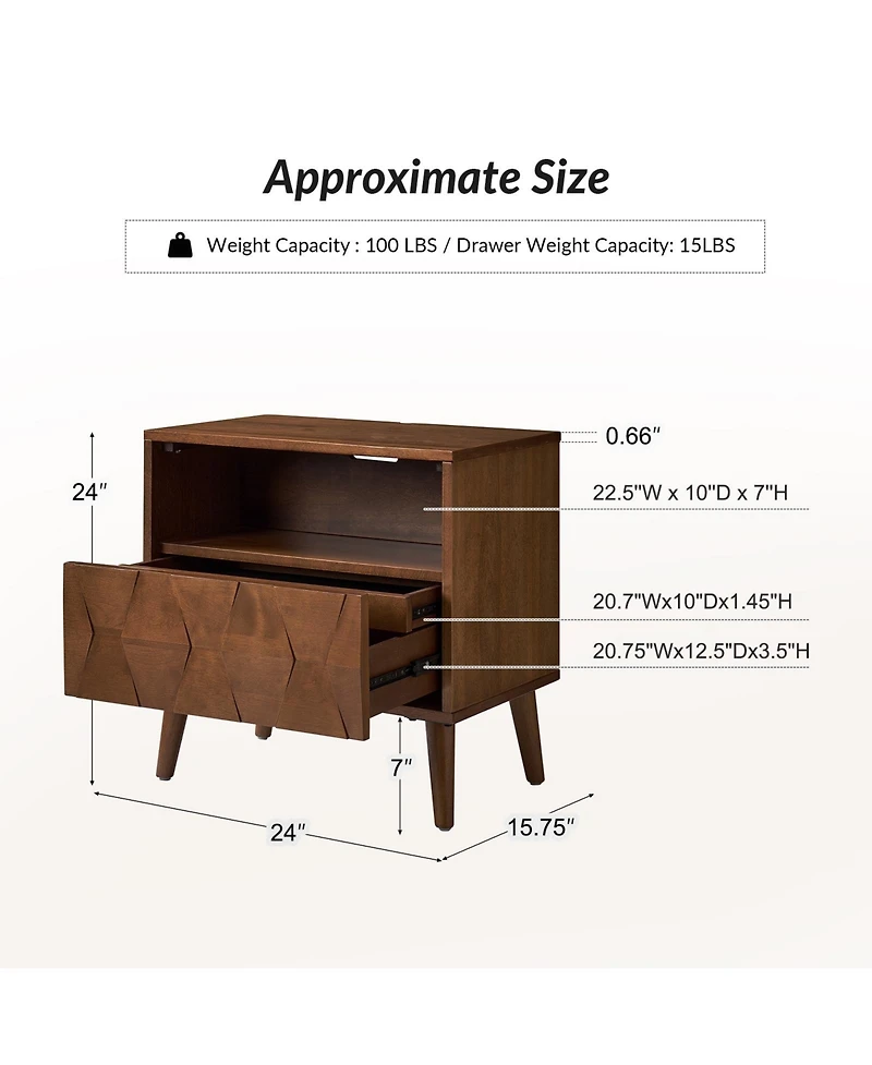 Zenaida Mid-century Modern Nightstand with Charging Ports and Hidden Drawer
