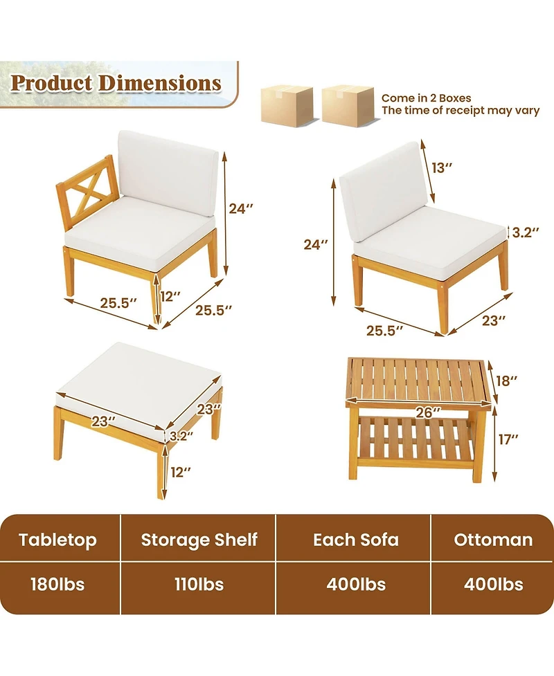 5 Pcs Acacia Wood Patio Furniture Set with 2-Tier Coffee Table and Cushions