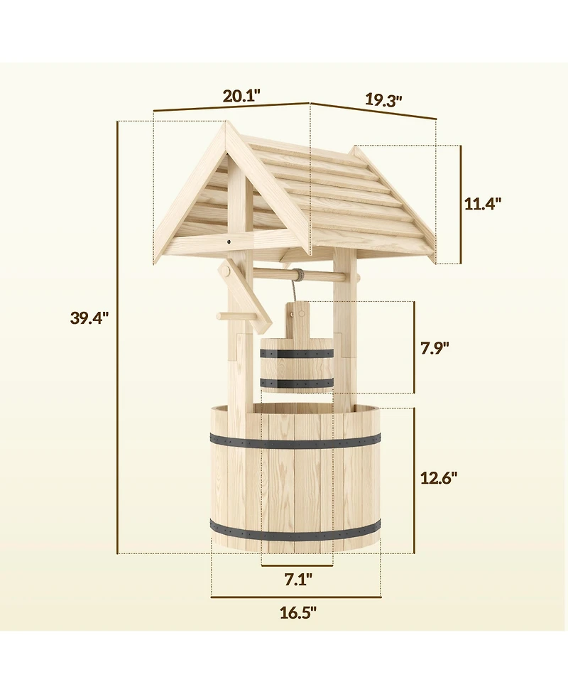 Outsunny Wishing Well Planter with Bucket, Wooden Wishing Well, Natural