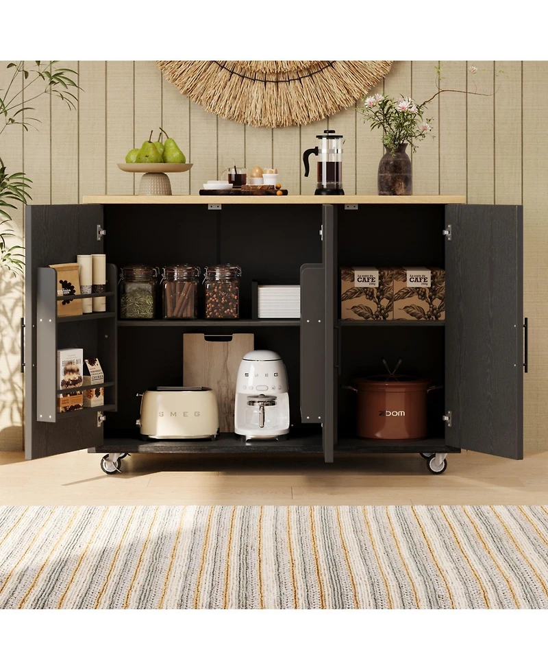 Streamdale Geometric Twill Kitchen Island with Drop Leaf, Rolling Storage Cart with Towel Rack (Black