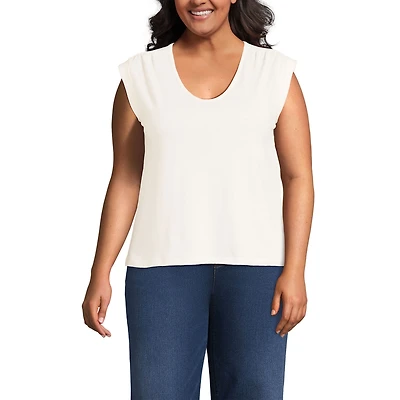 Lands' End Women's Plus Linen Blend Cap Sleeve Gathered Shoulder Tee