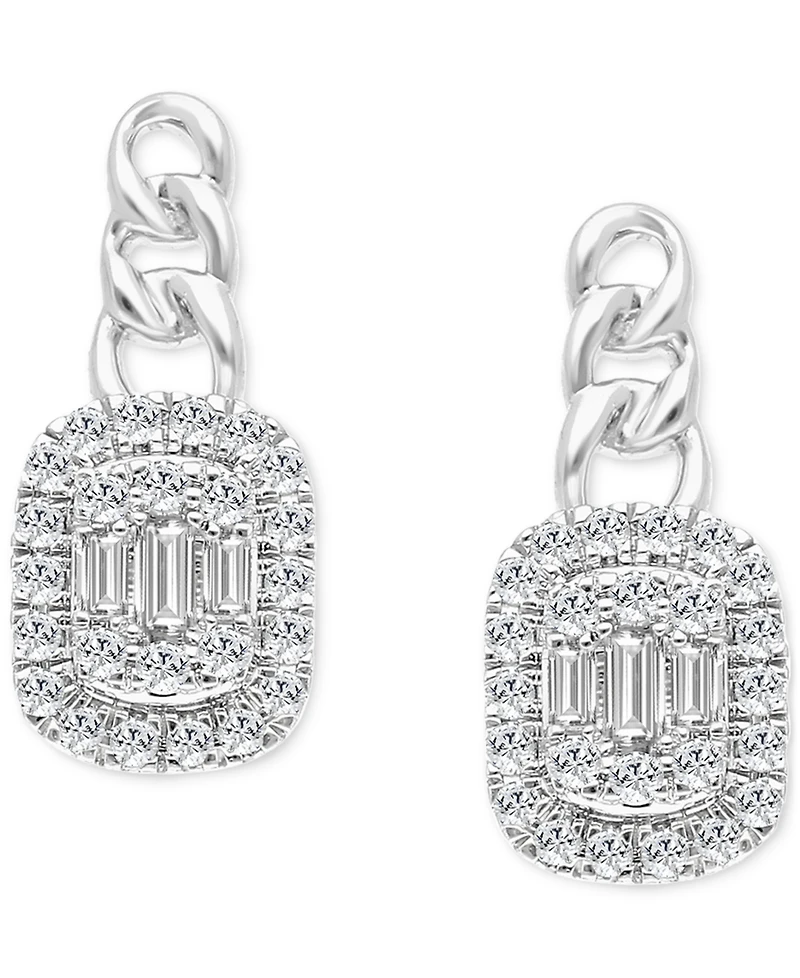 Diamond Round & Baguette Halo Cluster Drop Earrings (1/3 ct. t.w.) in 14k White Gold