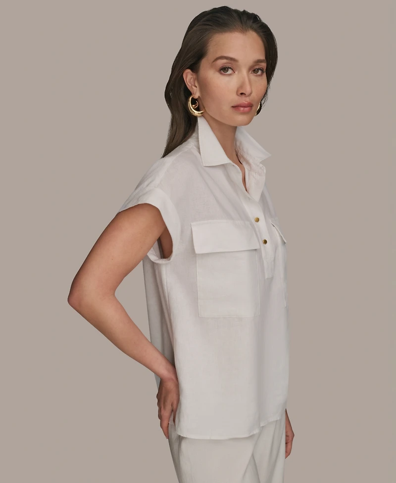 Donna Karan New York Women's Short Sleeve Linen-Blend Collared Shirt