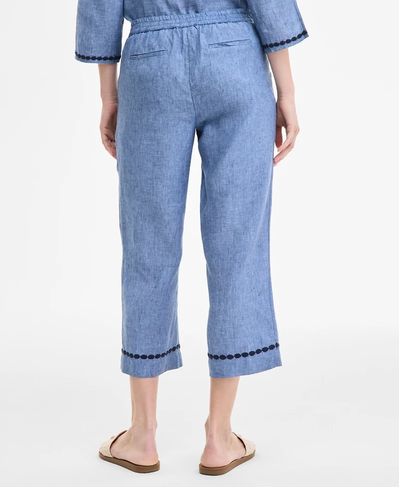 Charter Club Women's Embroidered-Cuff 100% Linen Woven Cropped Pants, Exclusively at Macy's