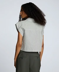 Kenneth Cole Women's Cotton Striped Cropped Sleeveless Shirt