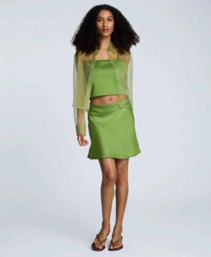 Kenneth Cole Womens Button Front Cropped Organza Shirt Cropped Satin Bustier Top Pull On Bias Cut Mini Skirt