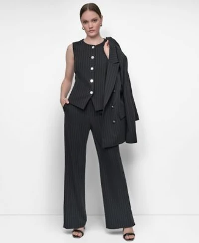 Dkny Womens Pinstriped Crewneck Button Front Vest High Rise Flare Leg Pants