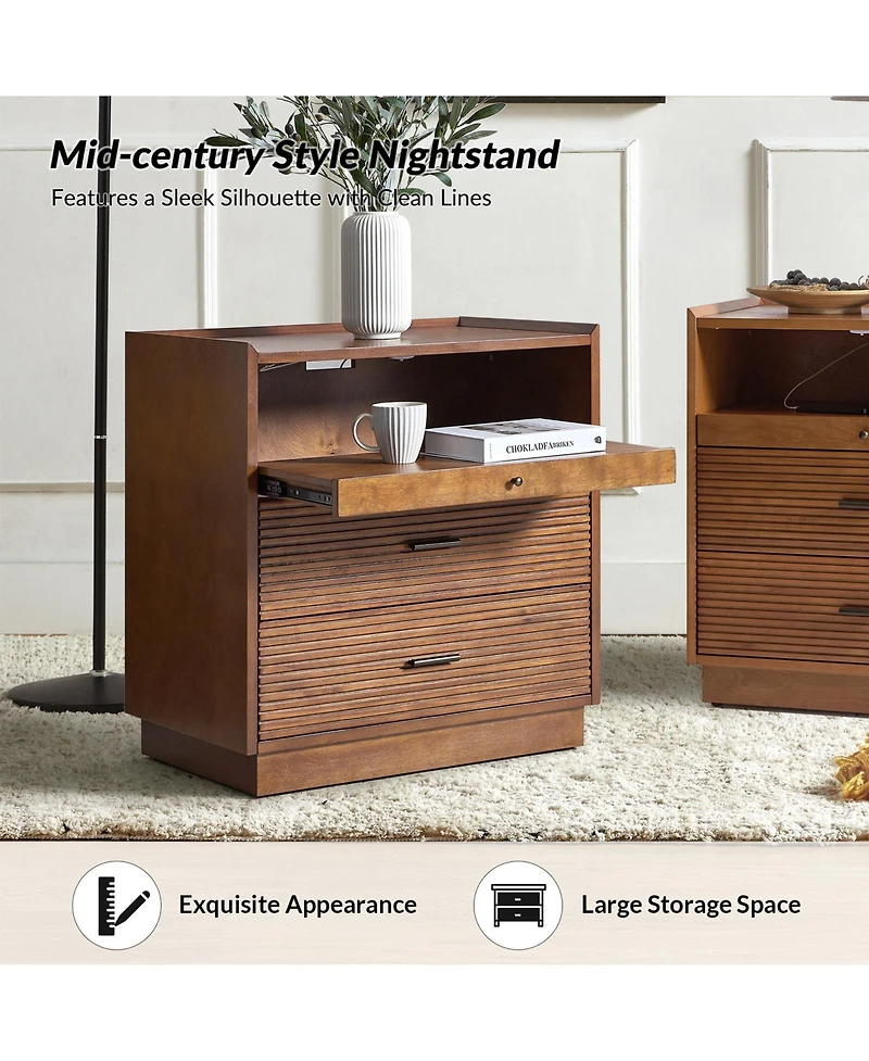 Mid-century Lorenz Nightstand with Usb and Led Light