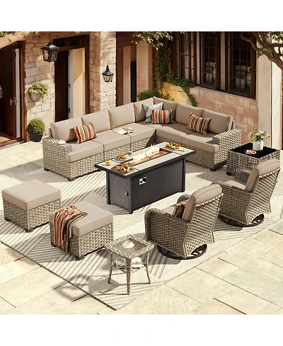 Xizzi 13 Piece Outdoor Patio Furniture Sets with Fire Pit Table,All Weather Wicker Sectional Sofa Extra Deep Swivel Chairs and Solar PoweRe