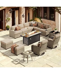 Xizzi 13 Piece Outdoor Patio Furniture Sets with Fire Pit Table,All Weather Wicker Sectional Sofa Extra Deep Swivel Chairs and Solar PoweRe