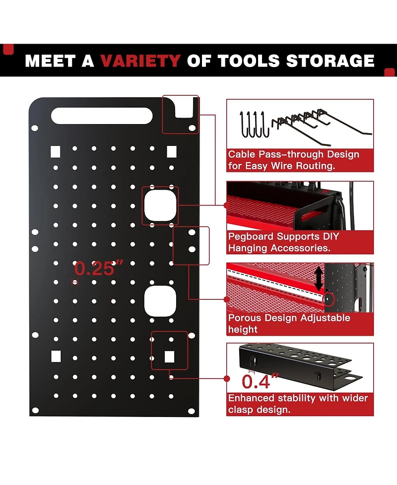 Hausource 4-Tier Power Tool Organizer Wall Mount Tool Storage Workbench W/8 Drill Holder Utility Shelving,Red