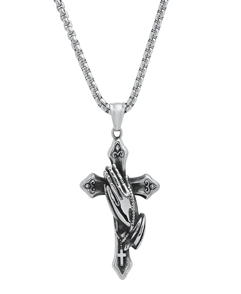 Steeltime Men's Stainless-Steel Prayer Hand and Cross Pendant Necklace