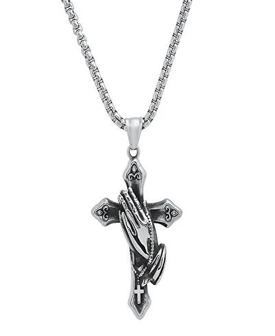 Steeltime Men's Stainless-Steel Prayer Hand and Cross Pendant Necklace