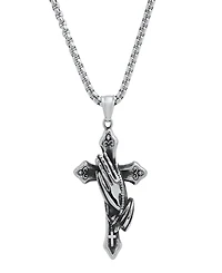 Steeltime Men's Stainless-Steel Prayer Hand and Cross Pendant Necklace